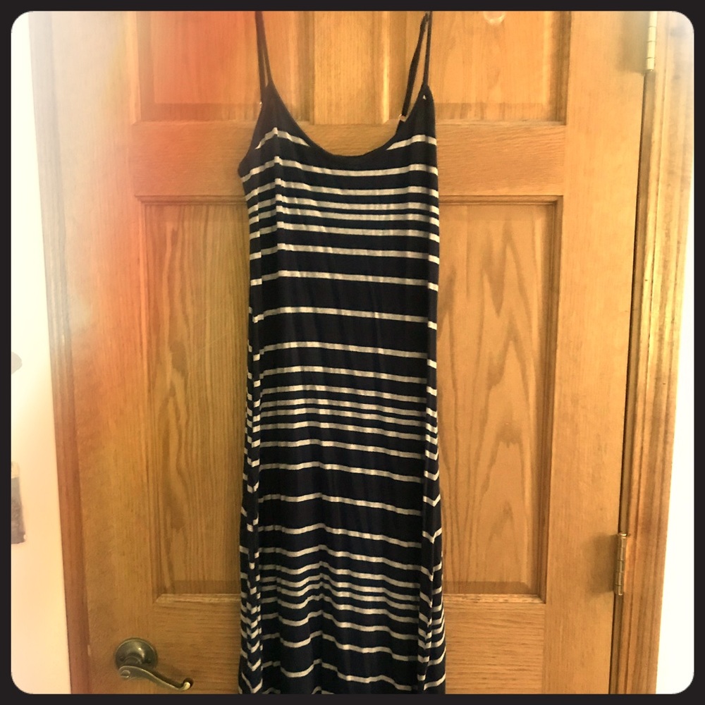 Grey and blue striped maxi dress